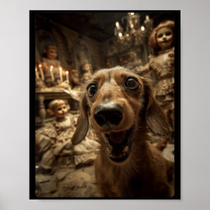 Poster Dachshund drôle selfie Y Poupées Halloween effraya