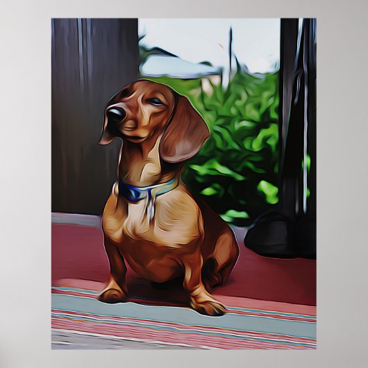 Poster Dachshund Est Assis Sur Le Porc De La Maison De Ca (Devant)