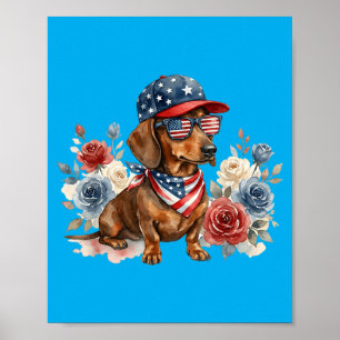 Poster Dachshund Floral Drapeau Américain Usa 4 Juillet
