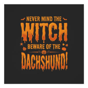 Poster Dachshund Halloween Sorcière Avertissement Typogra