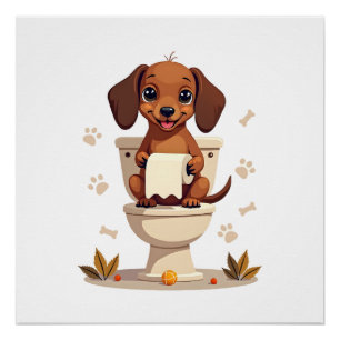 Poster Dachshund Mignon Vintage sur Toilettes Dessin Anim