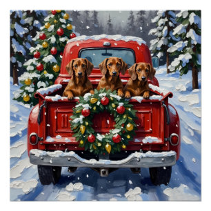 Poster Dachshund Noël Camion Rouge Fêtes