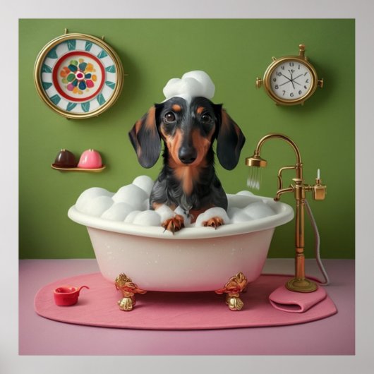 Poster Dachshund prendre un bain de bulle dans un minuscu (Devant)