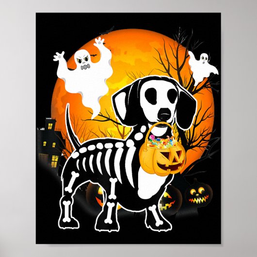 Poster Dachshund Skeleton Halloween Joyeux cadeau Citroui (Devant)