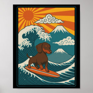 Poster Dachshund surfant sur une vague japonaise Teckel