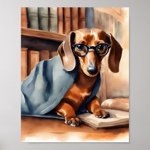 Poster Dachshund vintage dans l'ancienne bibliothèque