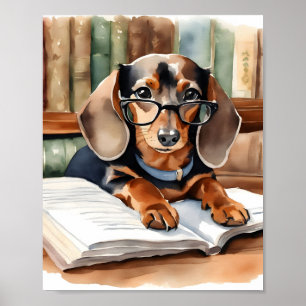 Poster Dachshund Watercolor de la bibliothèque vintage