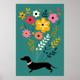 Poster Dachshunds et Fleurs Vintage Retro Floral