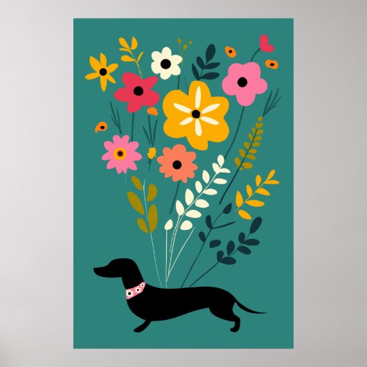 Poster Dachshunds et Fleurs Vintage Retro Floral (Devant)