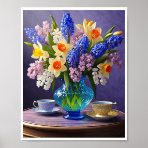 Poster Daffodiles Hyacinthes Vase de verre bleu Teups