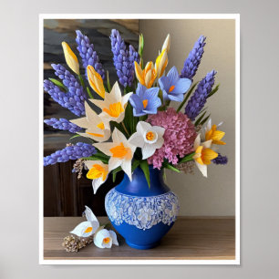 Poster Daffodiques d'arrangement floral Vase bleu étonnan