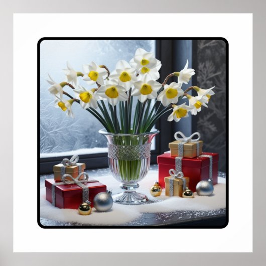 Poster Daffodiques et cadeaux sur un rebord de neige (Devant)