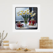 Poster Daffodiques et cadeaux sur un rebord de neige (Cuisine)
