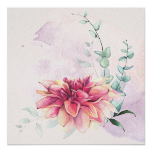 Poster Dahlia Eucalyptus Aquarelle contemporaine Imprimer