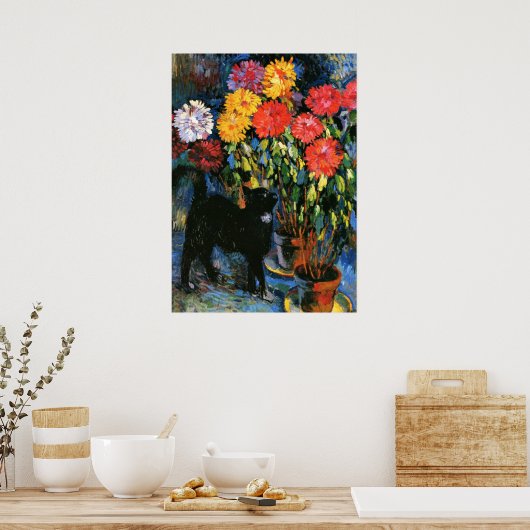Poster Dahlias et Chat noir, peinture d'art (Cuisine)