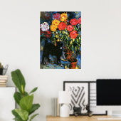 Poster Dahlias et Chat noir, peinture d'art (Bureau à domicile)