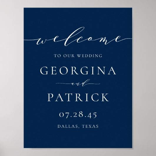 Poster Dainty Script Simple Marine Blue Mariage Bienvenue (Devant)