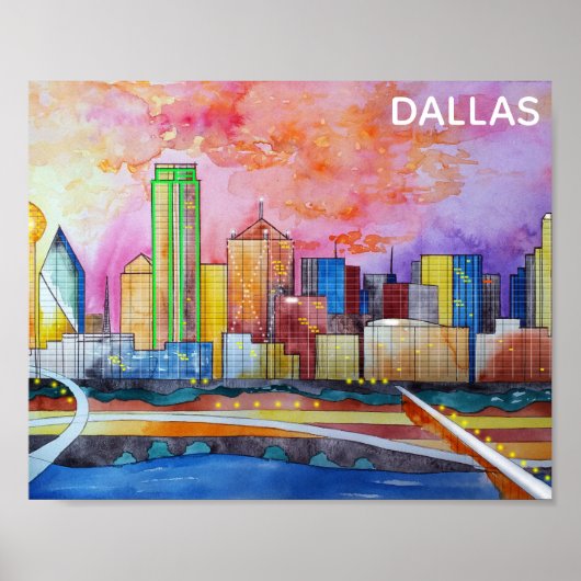 Poster Dallas Texas Watercolor City Skyline (Devant)