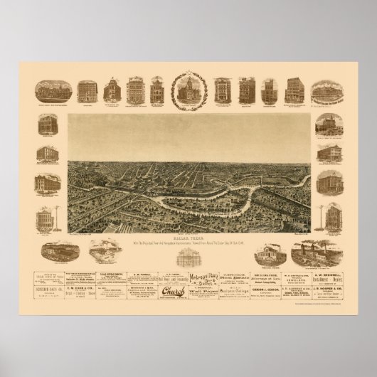 Poster Dallas, TX Carte panoramique - 1892 (Devant)