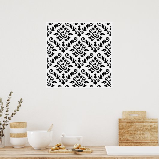 Poster Damask baroque Pattern Black on White (Cuisine)