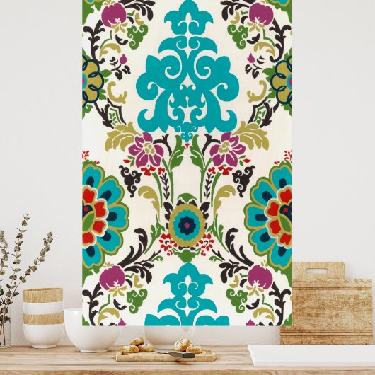Poster Damask Floral Patterns Plum Turquoise (Cuisine)