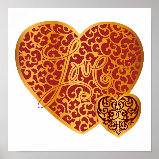 Poster Damask Golden Love Red Heart (Devant)