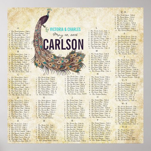 Poster Damask Peacock Elegance Eggplant Gold SeatingChart (Devant)