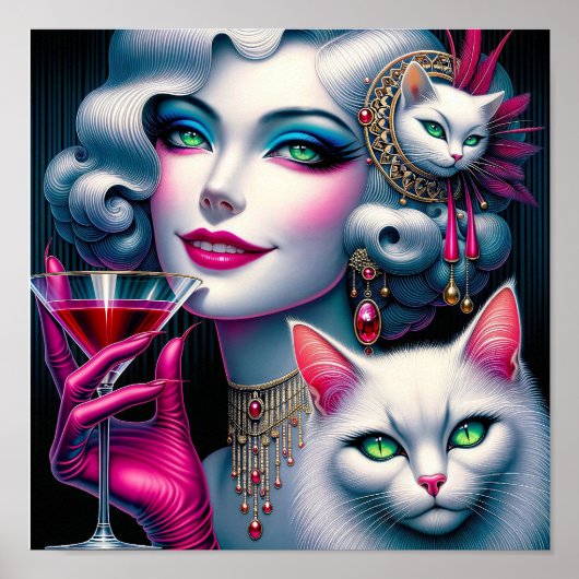 Poster Dame au chat rose (Devant)