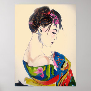 Poster Dame avec kimono art japonais