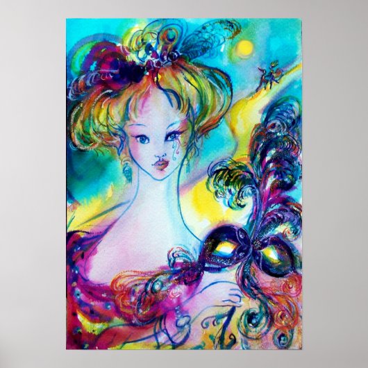 Poster DAME AVEC MASQUE FEATHEREE Vénitien Masquerade Nui (Devant)