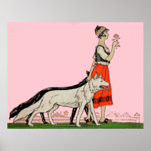 Poster Dame avec une rose et ses chiens - Art vintage