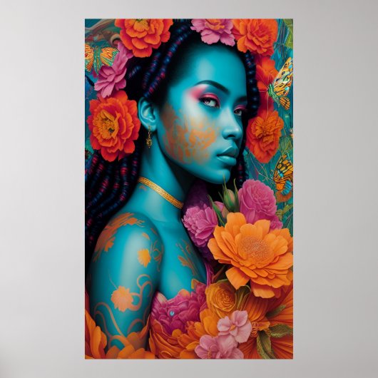 Poster Dame bleue aux cheveux en spirale (Devant)