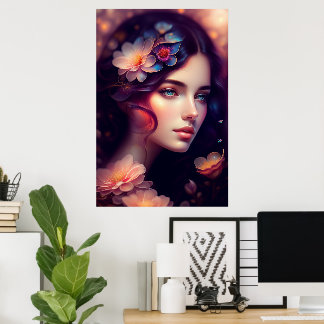 Poster Dame élégante aux fleurs orange rose bleu