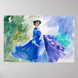 Poster Dame en Robe Bleue - Peinture aquarelle