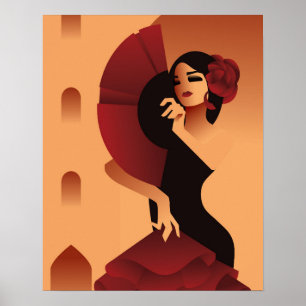 Poster Dame espagnole avec ventilateur et rose en cheveux
