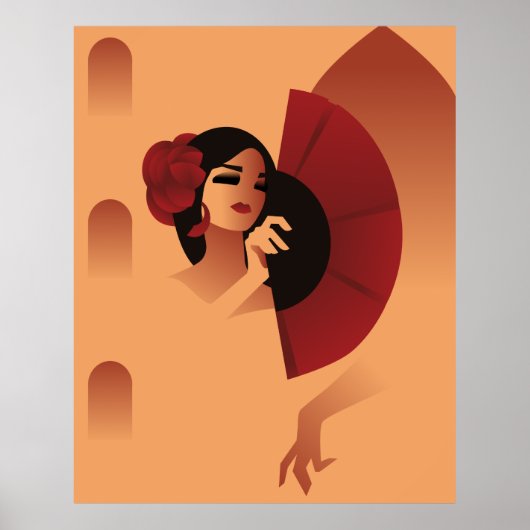 Poster Dame espagnole avec ventilateur et rose rouge chev (Devant)