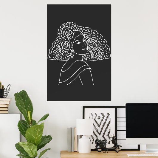 Poster Dame espagnole flamenco avec éventail dessin à l'e (Bureau à domicile)