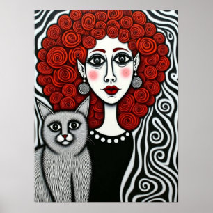 Poster Dame gothique et chat Spirale Cheveux Rouges Noir