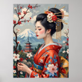 Poster Dame japonaise avec le Mont Fuji (Devant)