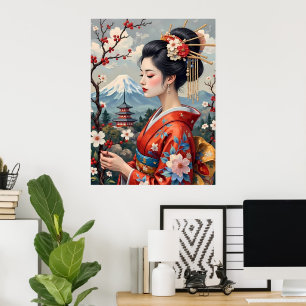 Poster Dame japonaise avec le Mont Fuji