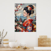 Poster Dame japonaise avec le Mont Fuji (Cuisine)