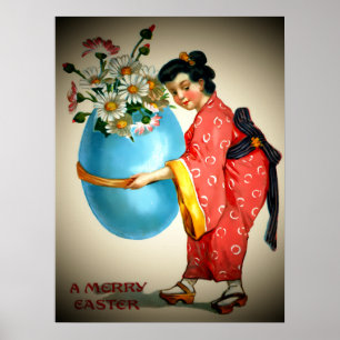 Poster Dame japonaise vintage, vase à œuf avec fleurs, ZS
