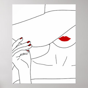 Poster Dame Moderne En Casquette Avec Rouge Lipstick Line