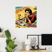 Poster Dame Rétro à la Plage Rêvant de Mode (Bureau à domicile)