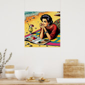Poster Dame Rétro à la Plage Rêvant de Mode (Cuisine)