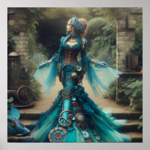 Poster Dame victorienne steampunk vintage sirène sarcelle
