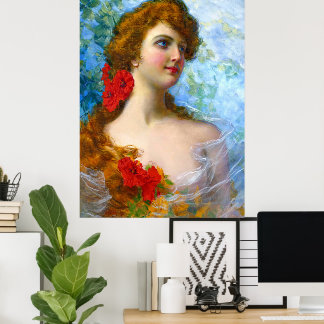 Poster Dame Vintage Avec Des Fleurs Rouges Et Orange