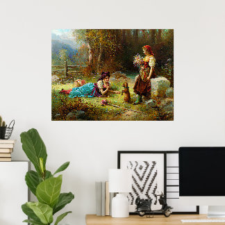 Poster Dames vintage et un chien marron à la forêt