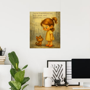 Poster d'amitié douce et petite - Fille et chat