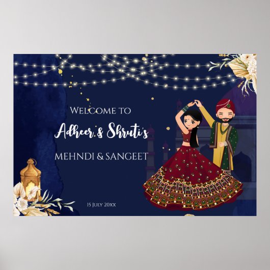 Poster Dancing couple Mehndi and Sangeet welcome sign (Devant)